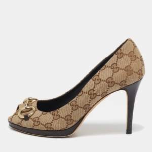 Pre Owned Gucci Brown Canvas New Hollywood Peep Toe Pumps Size 37