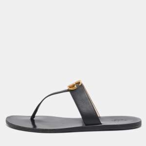 Gucci Black Leather GG Marmont Thong Flats Size 41