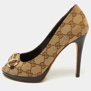 Gucci Brown Canvas and Leather New Hollywood Peep Toe Pumps Size 35.5