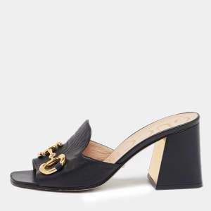 Gucci Black Leather Horsebit Slide Sandals Size 37.5
