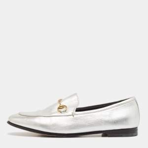 Gucci Silver Leather Jordaan Loafers Size 38