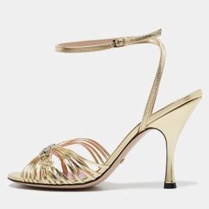 Gucci Gold Leather GG Chain Embellished Ankle Strap Sandals Size 38.5