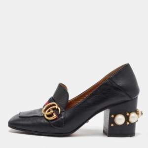 Gucci Black Leather Web GG Marmont Faux Pearl Block Heel Loafer Pumps Size 38