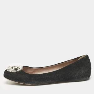 Gucci Black Suede Interlocking G Crystal Ballet Flats Size 38.5
