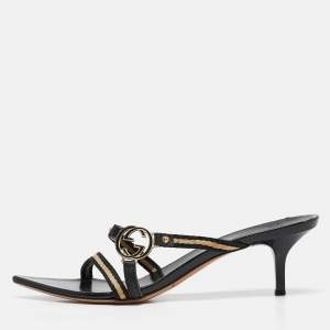 Gucci Black GG Interlocking Leather Strappy Slide Sandals Size 37.5