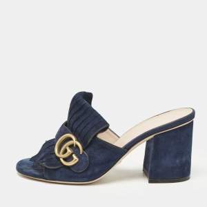 Gucci Navy Blue Suede Horsebit Slide Sandals Size 36