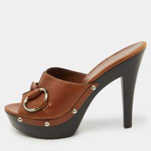 Gucci Brown Leather Icon Bit Platform Clogs Size 37.5