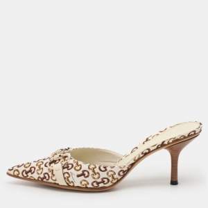 Gucci White/Green Satin Horsebit Pointed Toe Mules Size 36.5