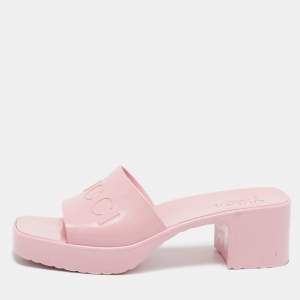 Gucci Pink Rubber Logo Embossed Platform Slide Sandals Size 37