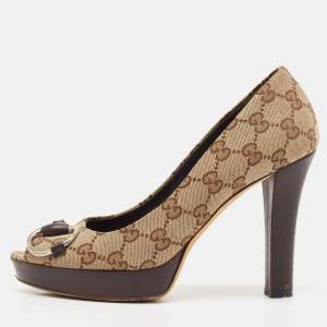 Gucci Beige GG Canvas New Hollywood Horsebit Peep Toe Pumps Size 36.5