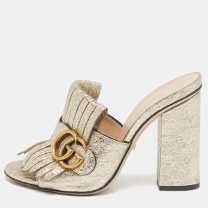 Gucci Silver Crackle Leather GG Marmont Fringed Slide Sandals Size 35