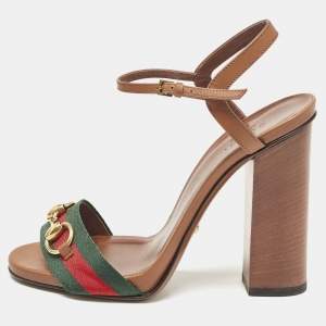 Gucci Brown Leather Web Horsebit Ankle Strap Sandals Size 38