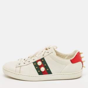 Gucci White Leather and Python Embossed Ace Lace Up Sneakers Size 37.5