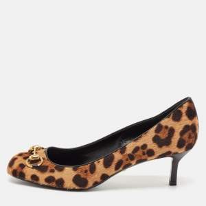 Pre Owned Gucci Brown Leopard Print Calf Hair Horsebit Pumps Size 38