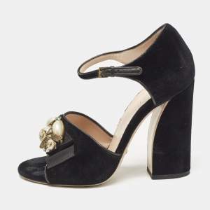 Gucci Black Velvet Bee Pearl Ankle Strap Sandals Size 38