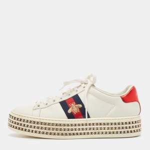 Gucci White Leather Bee Web New Ace Crystal Embellished Platform Sneakers Size 37