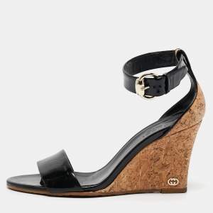 Gucci Black Patent Leather Cork Wedge Ankle Strap Sandals Size 35.5