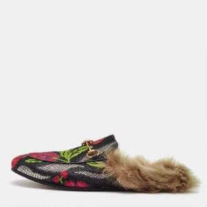 Gucci Multicolor Floral Brocade Fabric and Fur Lined Princetown Flat Mules Size 38