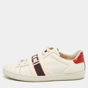 Gucci Off White/Red Leather Ace Stripe Sneakers Size 36.5