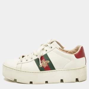 Gucci White Leather Bee Embroidered Ace Platform Sneakers Size 35