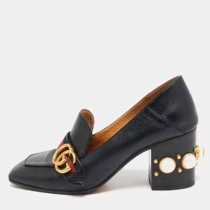 مملوكة مسبقًا Gucci Black Leather Web GG Marmont Faux Pearl Embellished Block Heel Loafer Pumps Size 38