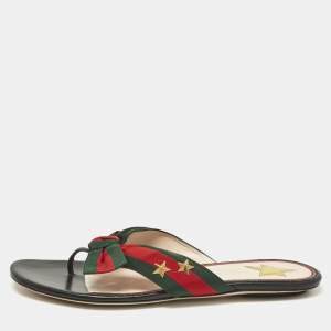 Gucci Black Leather Cindi Web Bow Star Detail Flat Thong Sandals Size 38