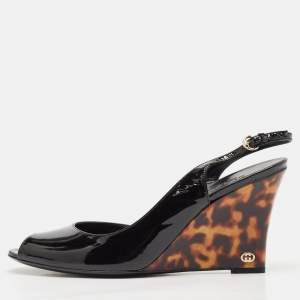 Gucci Black Patent Leather Slingback Wedge Sandals Size 39