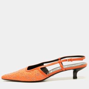 Gucci Orange Canvas and Leather Crystal Embellished Slingback Pumps Size 39