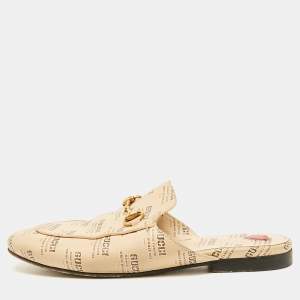 Gucci Beige Logo Stamp Leather Princetown Flat Mules Size 36
