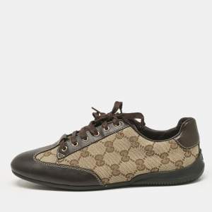 Gucci Brown/Beige GG Canvas and Leather Low Top Sneakers Size 35.5