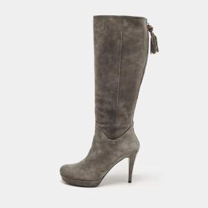 Gucci Grey Suede Bamboo Tassel Knee Length Platform Boots Size 39