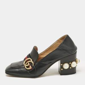 Gucci Black Leather GG Pearl Studded Loafer Pumps Size 37.5