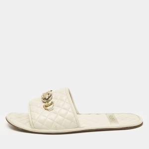 Gucci Cream Leather GG Logo Flat Slides Size 38