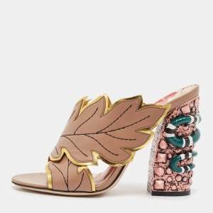 Gucci Beige Leather Leaves Crossover Embellished Heel Peep Toe Mules Size 37.5