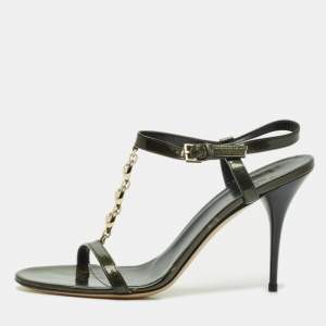 Gucci Dark Green Patent Leather Metal T-Strap Sandals Size 40