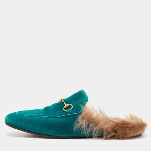 Gucci Blue Velvet and Fur Horsebit Princetown Flat Mules Size 40