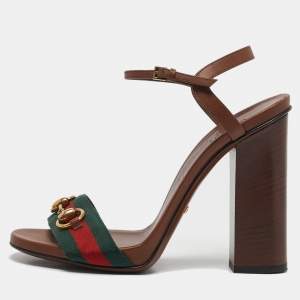 Gucci Brown Leather Web Horsebit Ankle Strap Block Heel Sandals Size 38.5