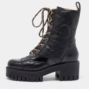 Gucci Black GG Quilted Leather Lace Up Platform Combat Boots size 36.5