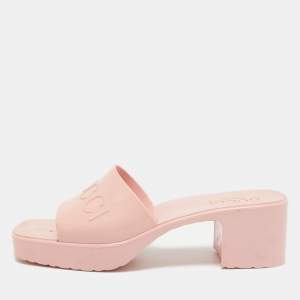 Gucci Pink Rubber Embossed Logo Slide Sandals Size 37