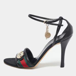 Gucci Black Leather And Web Ankle Strap Sandals Size 40