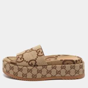 Pre Owned Gucci Beige Jumbo GG Canvas Platform Slides Size 37