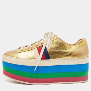 Gucci Metallic Gold Leather Peggy Sneakers Size 38