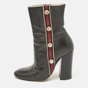 Gucci Black Leather Carly Malaga Studded Web Detail Block Heel Ankle Boots Size 37.5