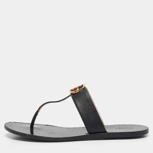 Pre Owned Gucci Black Leather GG Marmont Thong Flats Size 40