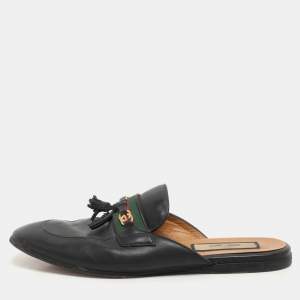 Pre Owned Gucci Black Leather Tassel Web Princetown Horsebit Flat Mules Size 40.5