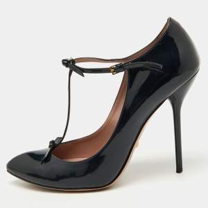 Gucci Navy Blue Patent Leather Beverly T-Strap Bow Pumps Size 39