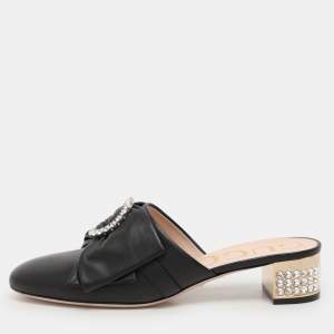 Gucci Black Leather Crystal Bow Embellished Mules Size 38.5