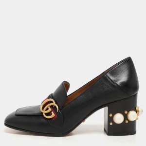 Gucci Black Leather GG Marmont Pearl Embellished Loafer Pumps Size 39