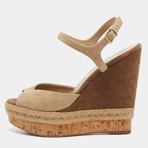 Gucci Beige/Brown Suede Wedge Platform Ankle Strap Sandals Size 39