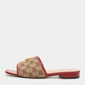 Gucci Beige/Red GG Canvas Double G Flat Slides Size 38.5